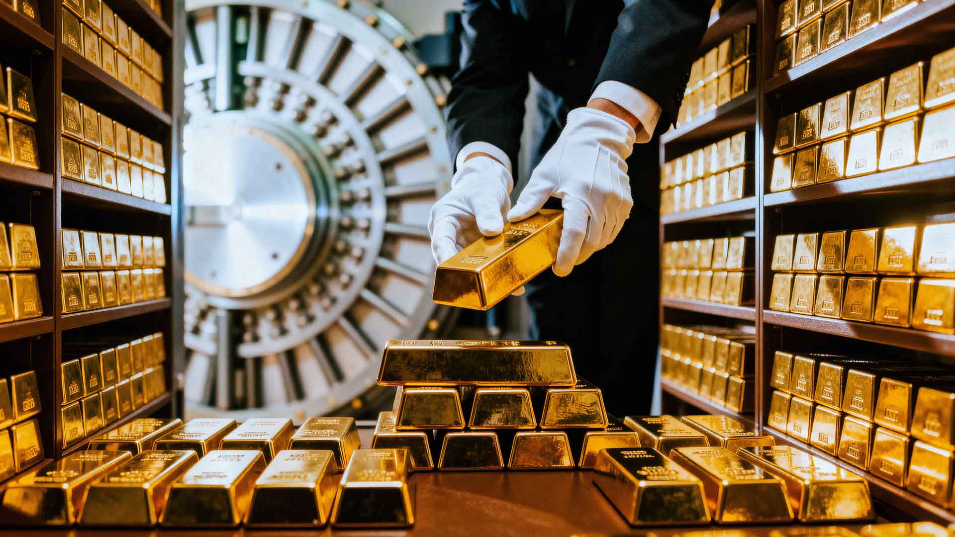 White-gloved staff handling gold bullion bars inside a vault